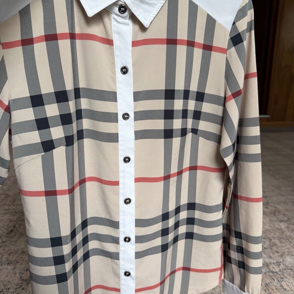 Burberry Brit Shirt Check Trim Women's Sz L Long Sleeve Cotton Career Designer - Picture 6 of 16